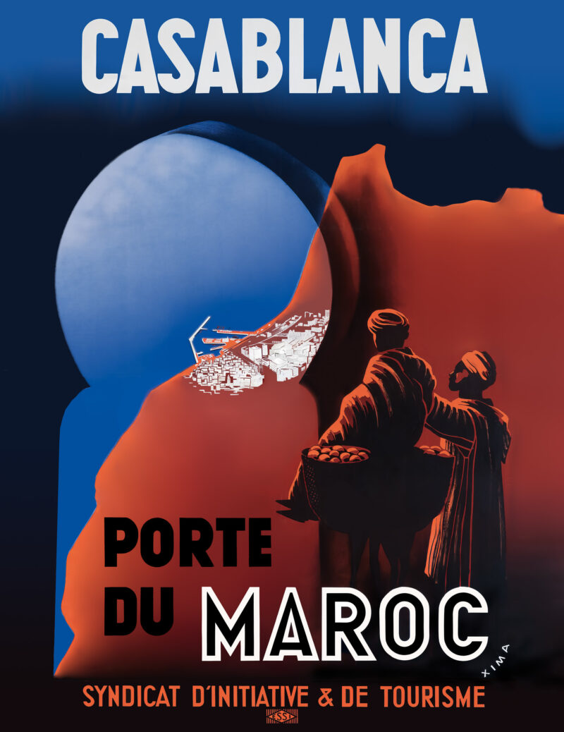Vintage 1930s Casablanca Morocco travel poster by Xima with traditional figures