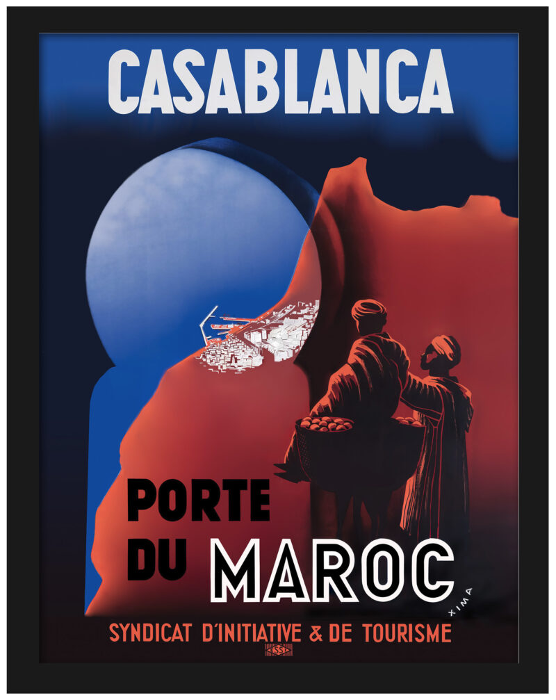 Vintage 1930s Casablanca Morocco travel poster by Xima with traditional figures