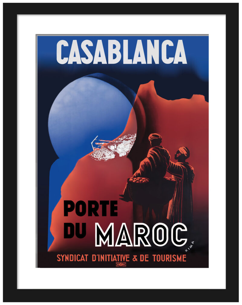 Vintage 1930s Casablanca Morocco travel poster by Xima with traditional figures