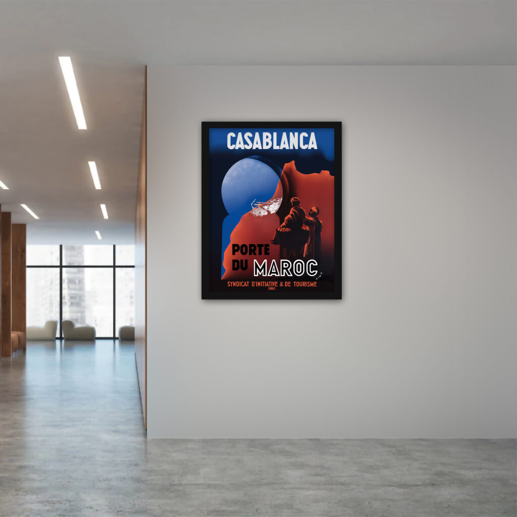 Vintage 1930s Casablanca Morocco travel poster by Xima with traditional figures