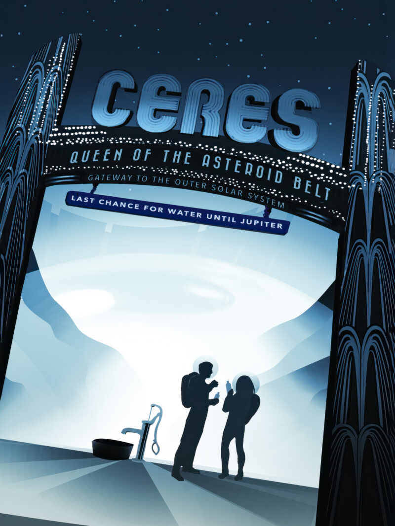 Illustrative poster of Ceres with vintage art deco style elements.