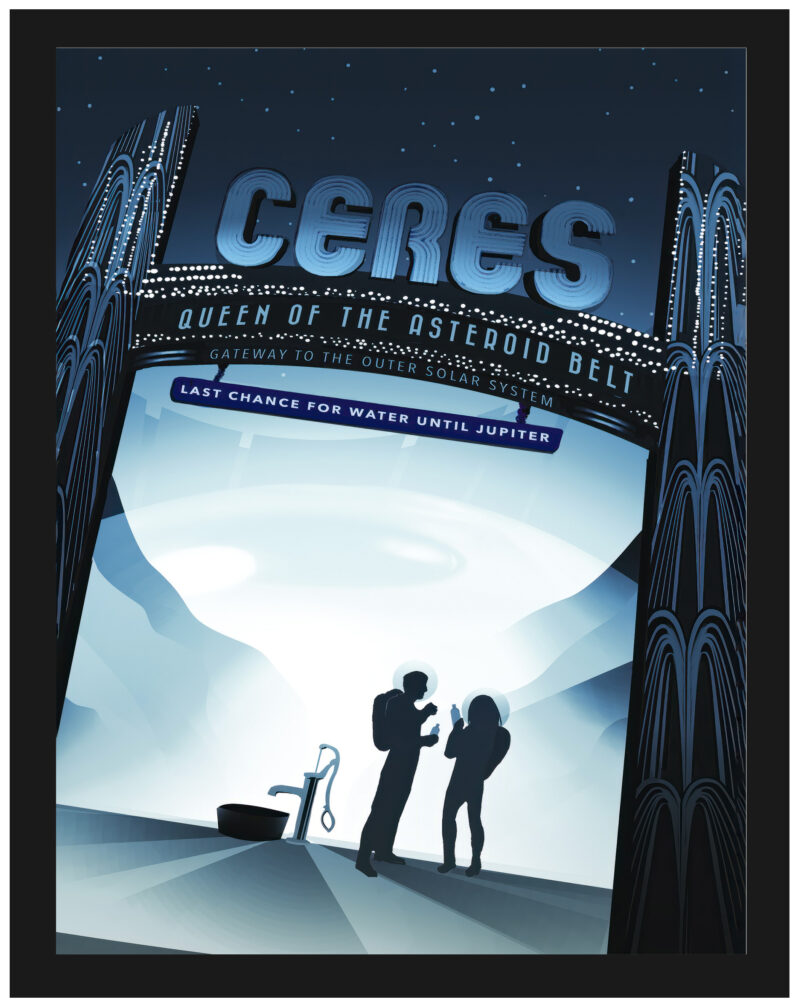 Illustrative poster of Ceres with vintage art deco style elements.