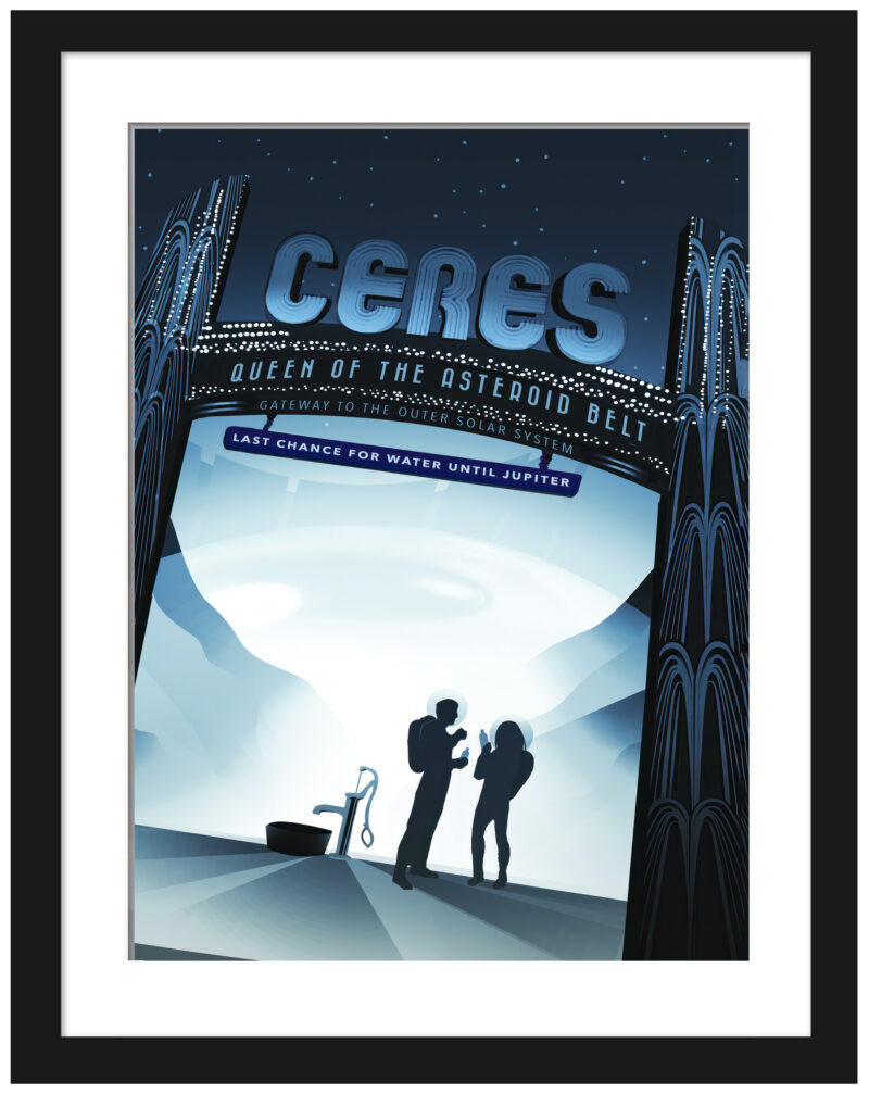 Illustrative poster of Ceres with vintage art deco style elements.