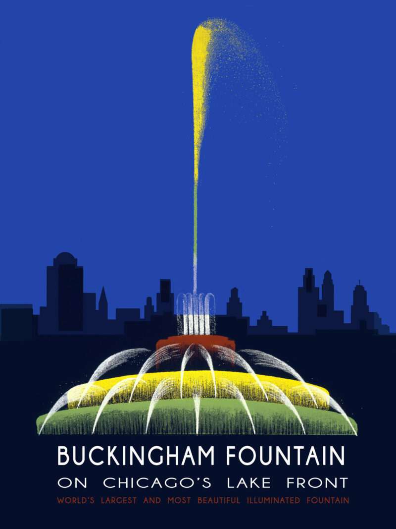 1939 Buckingham Fountain in Chicago vintage print.
