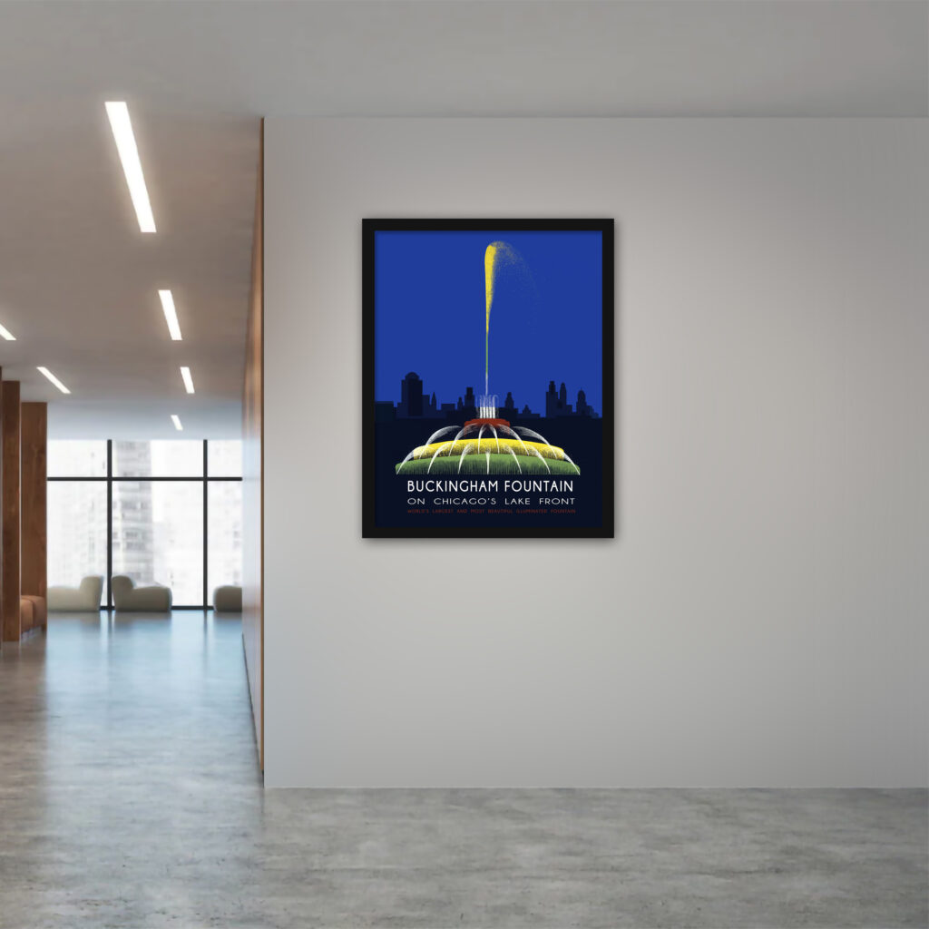 1939 Buckingham Fountain in Chicago vintage print.