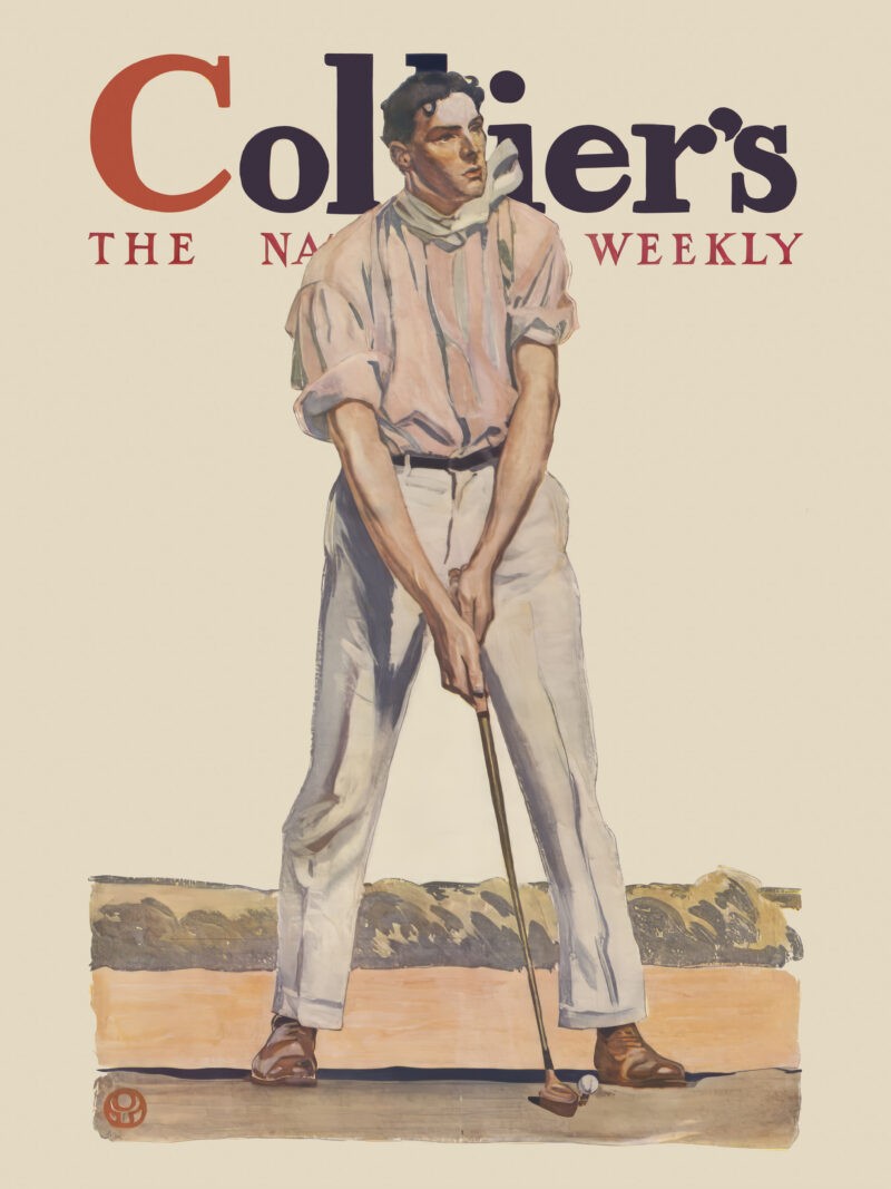 1908 Colliers magazine cover print featuring a golfer by Edward Penfield.