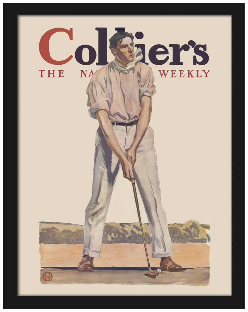 1908 Colliers magazine cover print featuring a golfer by Edward Penfield.