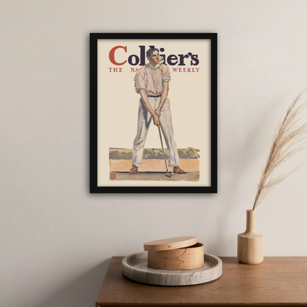 1908 Colliers magazine cover print featuring a golfer by Edward Penfield.