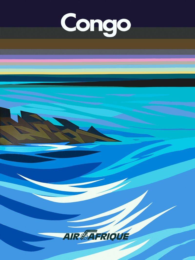 Vintage Air Afrique Congo travel poster with stylized blue river and golden cliffs.