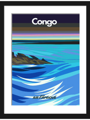 Vintage Air Afrique Congo travel poster with stylized blue river and golden cliffs.