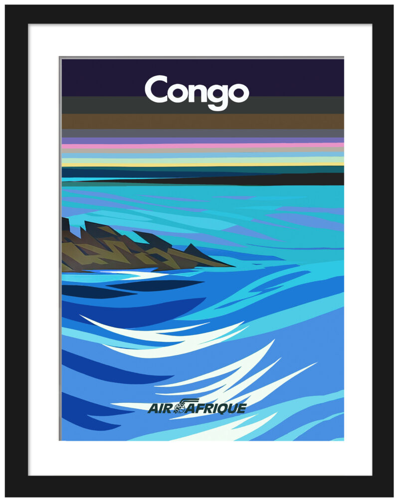Vintage Air Afrique Congo travel poster with stylized blue river and golden cliffs.