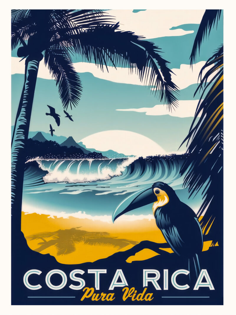 Vintage Costa Rica travel poster with vibrant tropical themes.