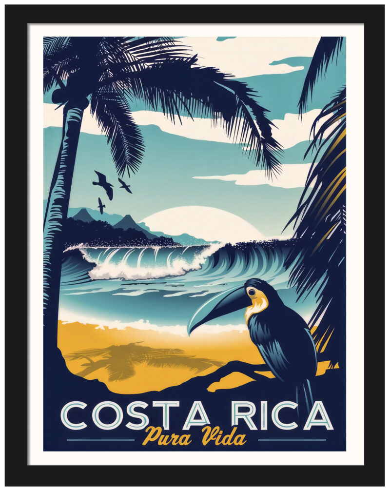 Vintage Costa Rica travel poster with vibrant tropical themes.
