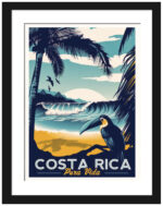 Vintage Costa Rica travel poster with vibrant tropical themes.