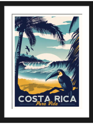Vintage Costa Rica travel poster with vibrant tropical themes.