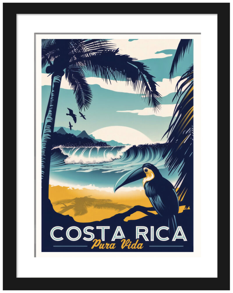 Vintage Costa Rica travel poster with vibrant tropical themes.
