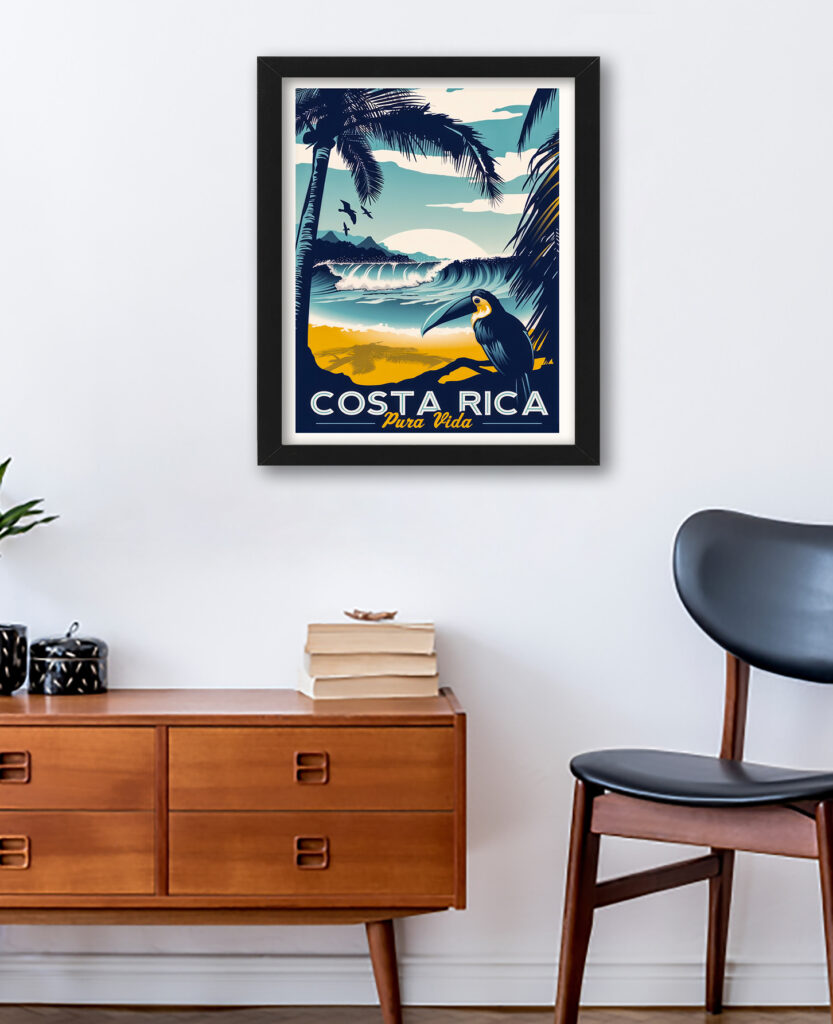 Vintage Costa Rica travel poster with vibrant tropical themes.
