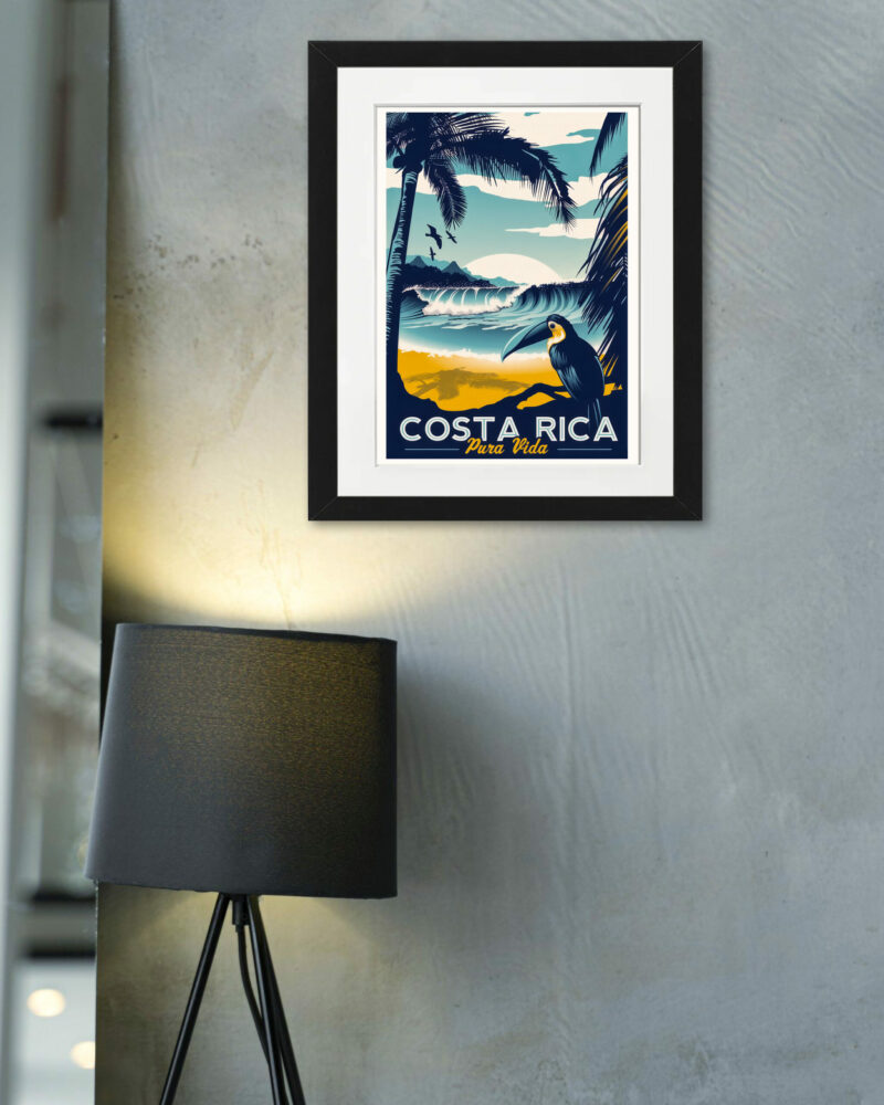 Vintage Costa Rica travel poster with vibrant tropical themes.