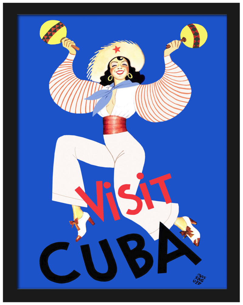 Vintage Cuban dancer travel poster with maracas.