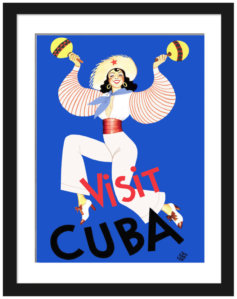 Vintage Cuban dancer travel poster with maracas.