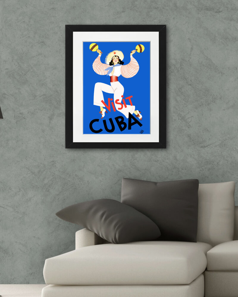 Vintage Cuban dancer travel poster with maracas.