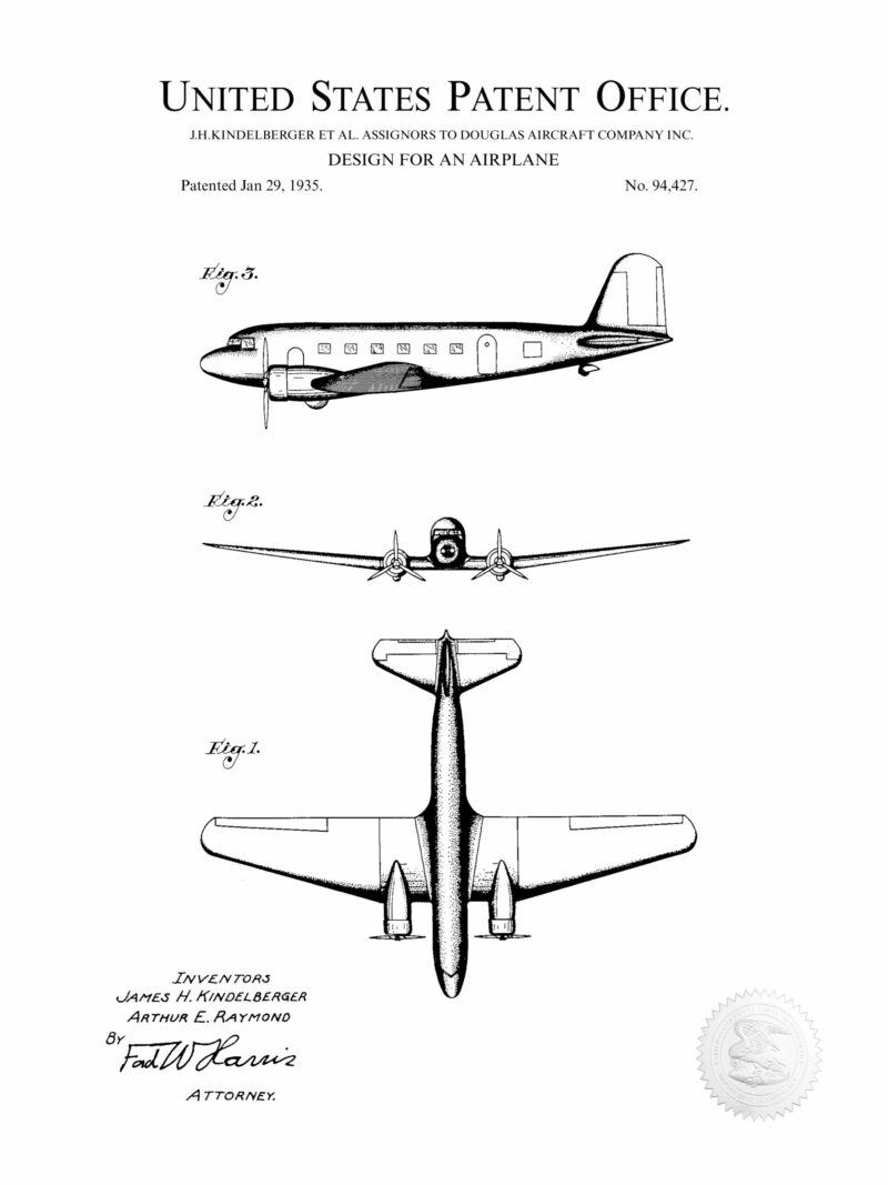 "1933 Douglas DC-2 patent artwork by Douglas Aircraft Company."