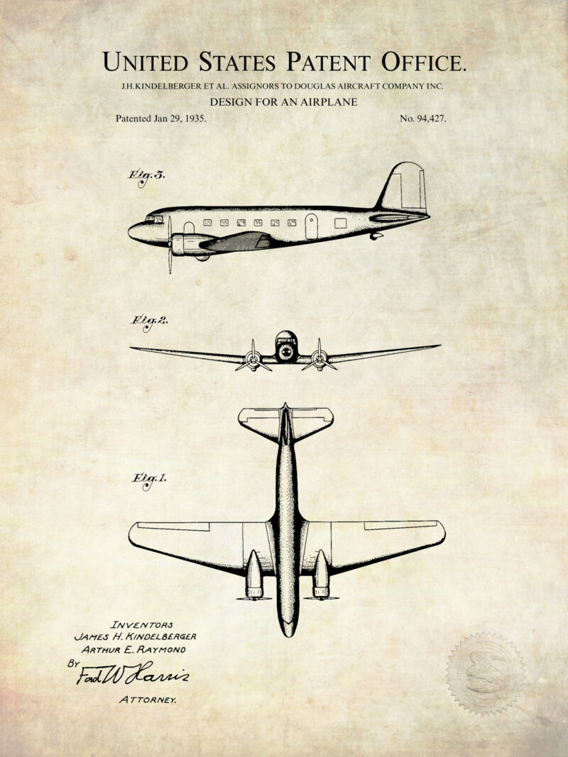 "1933 Douglas DC-2 patent artwork by Douglas Aircraft Company."