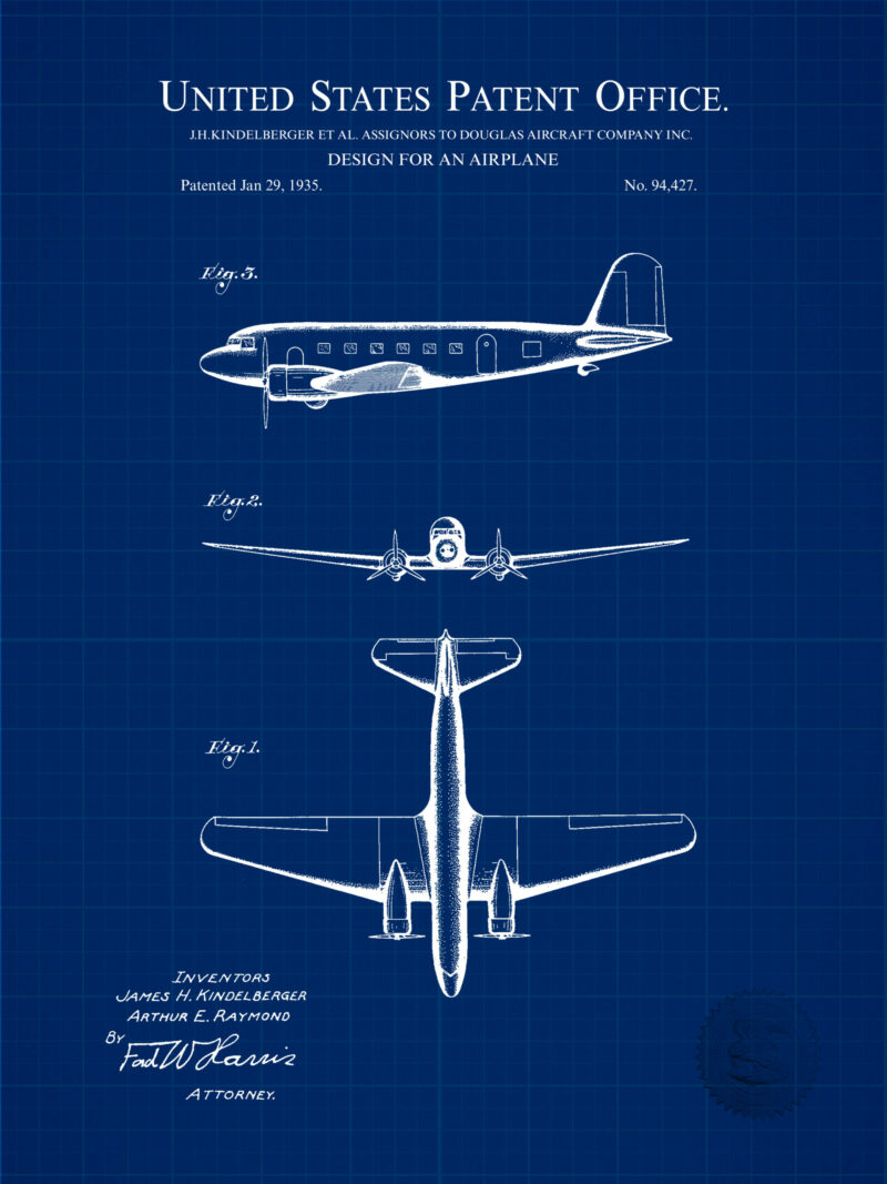 "1933 Douglas DC-2 patent artwork by Douglas Aircraft Company."