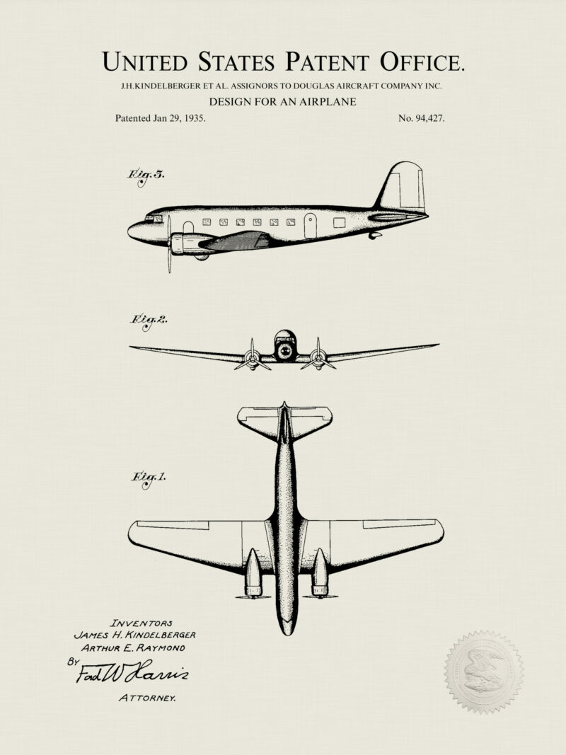 "1933 Douglas DC-2 patent artwork by Douglas Aircraft Company."