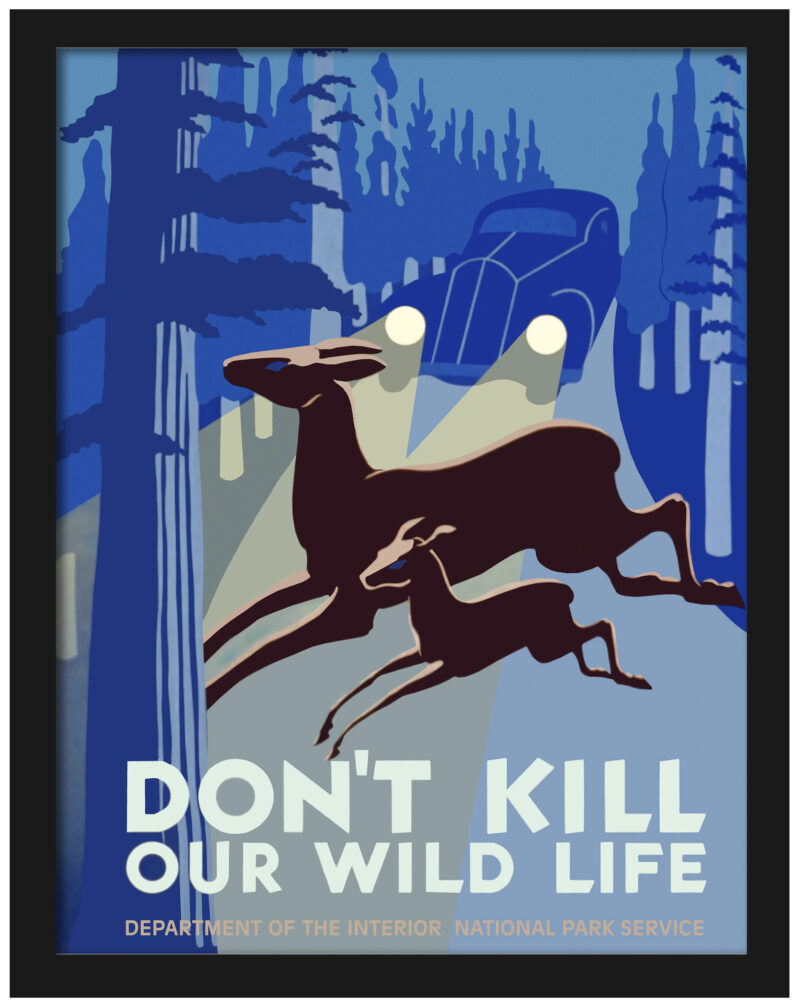 1938 vintage wildlife poster with deer in headlights