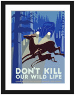 1938 vintage wildlife poster with deer in headlights