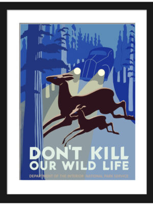 1938 vintage wildlife poster with deer in headlights