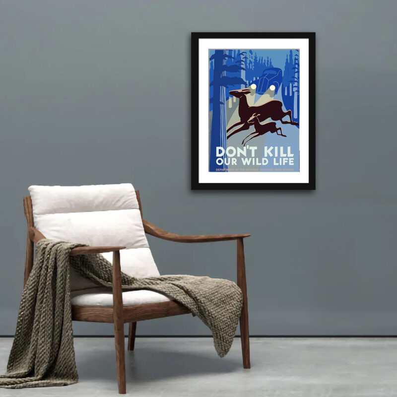 1938 vintage wildlife poster with deer in headlights