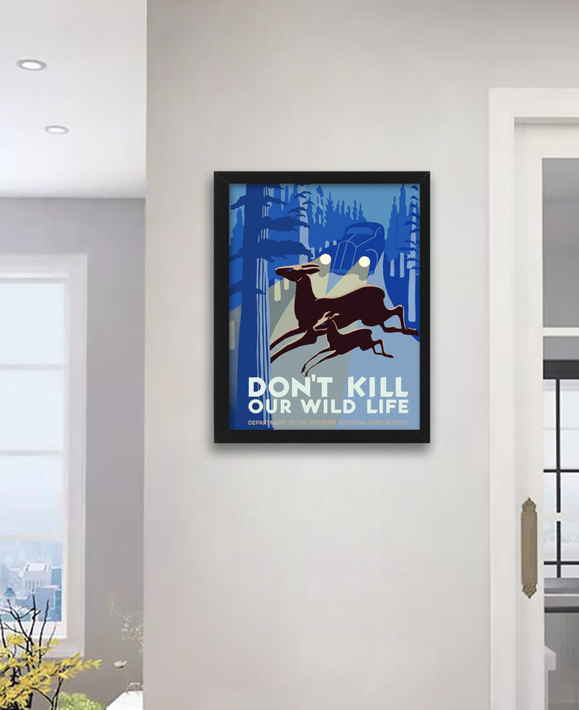 1938 vintage wildlife poster with deer in headlights