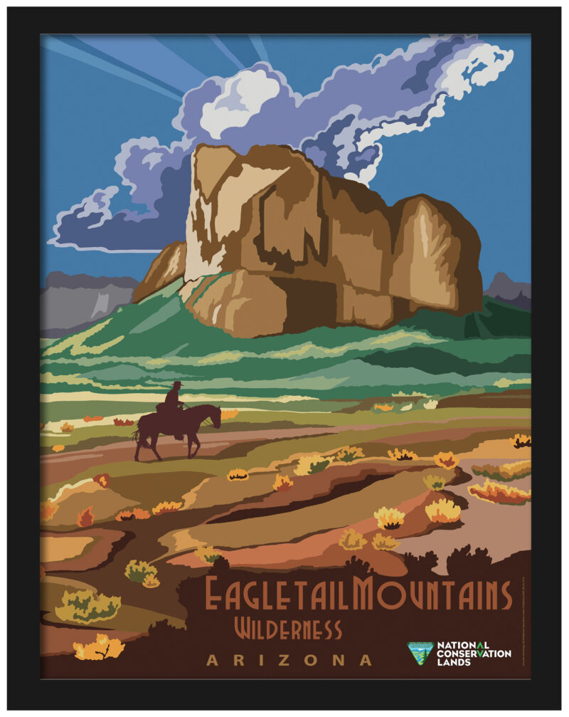 Vintage poster of Eagletail Mountains Wilderness with striking blue sky and mountain silhouette.