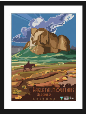 Vintage poster of Eagletail Mountains Wilderness with striking blue sky and mountain silhouette.