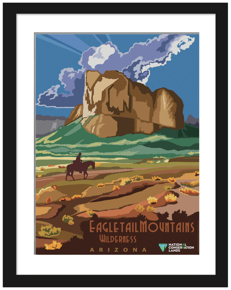 Vintage poster of Eagletail Mountains Wilderness with striking blue sky and mountain silhouette.