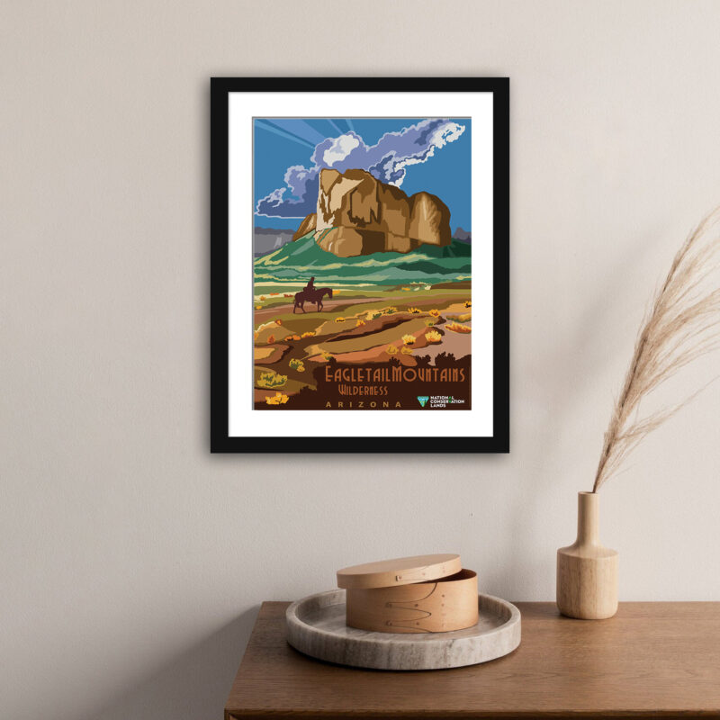 Vintage poster of Eagletail Mountains Wilderness with striking blue sky and mountain silhouette.