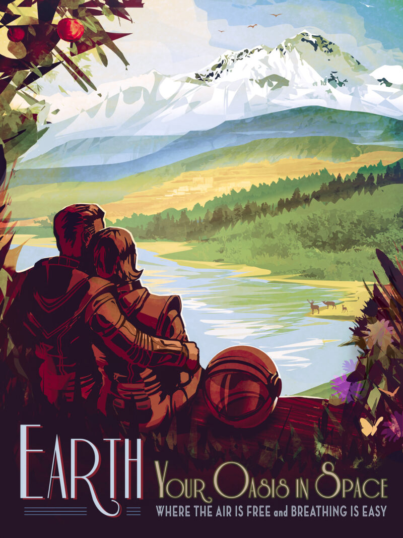 Vintage-style Earth travel poster with idyllic natural scenery