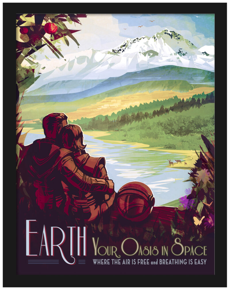 Vintage-style Earth travel poster with idyllic natural scenery