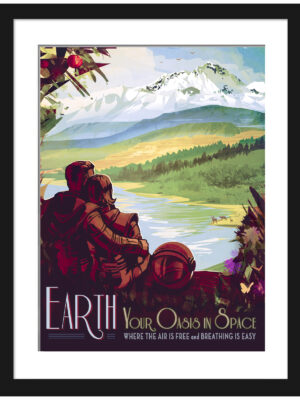 Vintage-style Earth travel poster with idyllic natural scenery