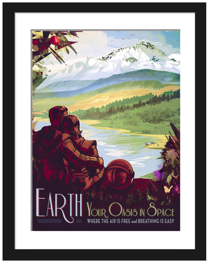Vintage-style Earth travel poster with idyllic natural scenery