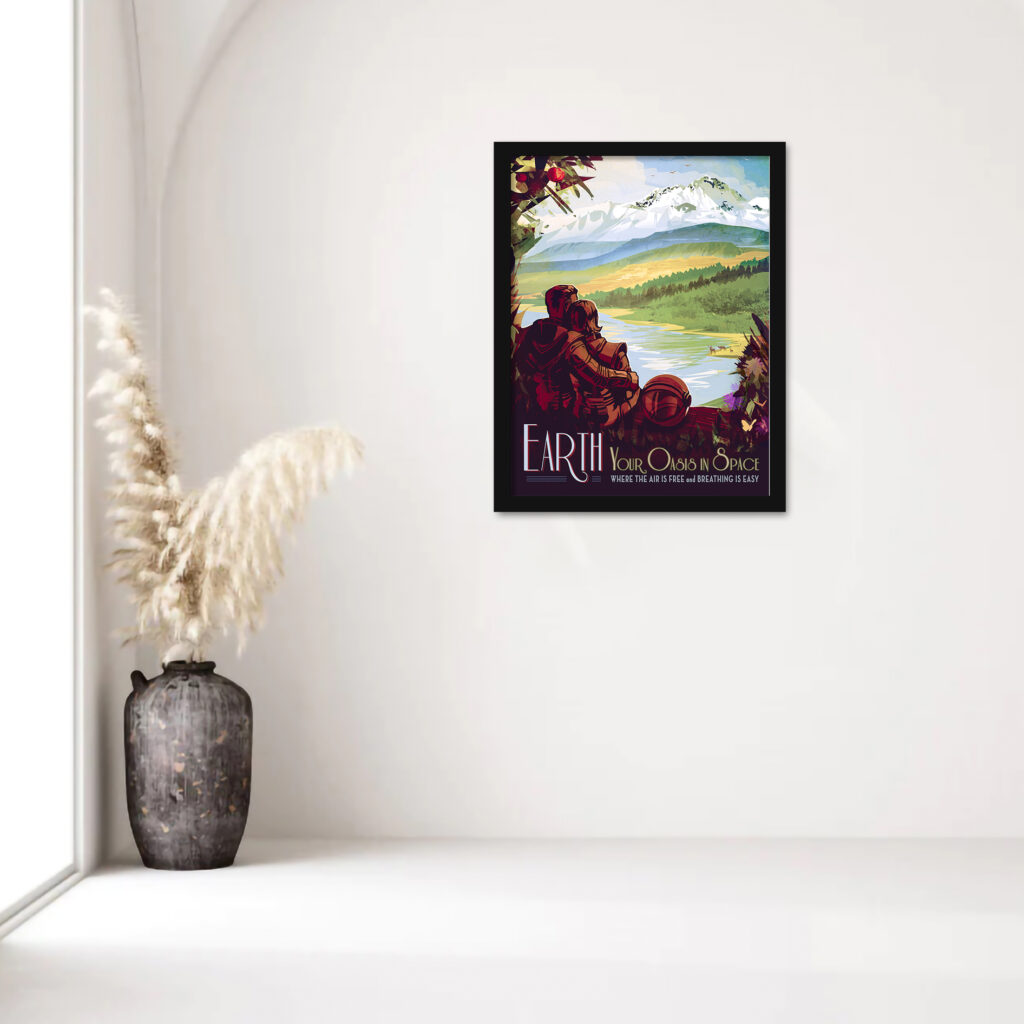 Vintage-style Earth travel poster with idyllic natural scenery