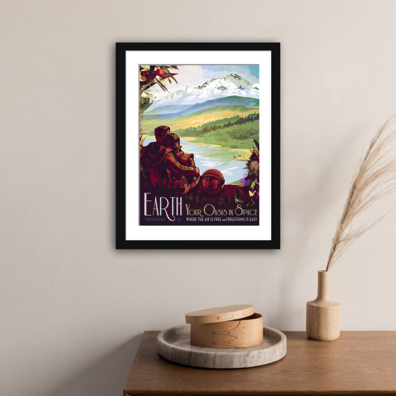 Vintage-style Earth travel poster with idyllic natural scenery