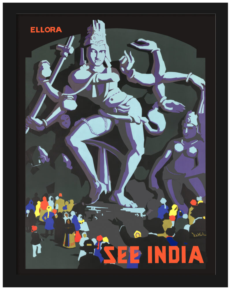 1930s Vintage Ellora Caves Travel Poster with Dancing Shiva Statue