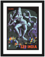 1930s Vintage Ellora Caves Travel Poster with Dancing Shiva Statue