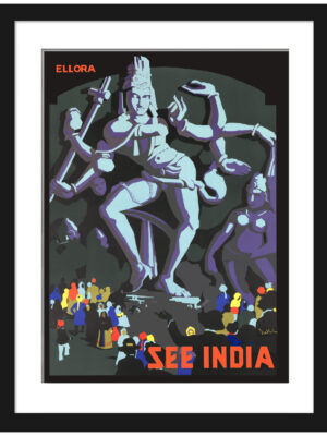 1930s Vintage Ellora Caves Travel Poster with Dancing Shiva Statue
