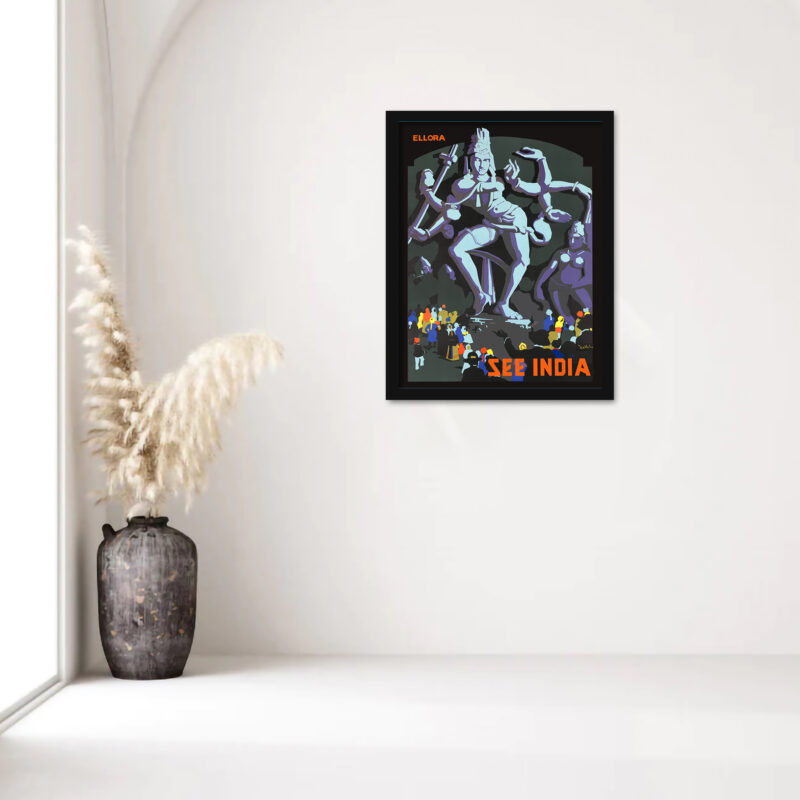 1930s Vintage Ellora Caves Travel Poster with Dancing Shiva Statue