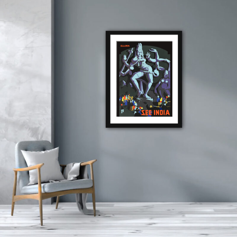 1930s Vintage Ellora Caves Travel Poster with Dancing Shiva Statue