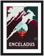 Travel poster featuring Enceladus with icy jets and a global ocean, hinting at possible life